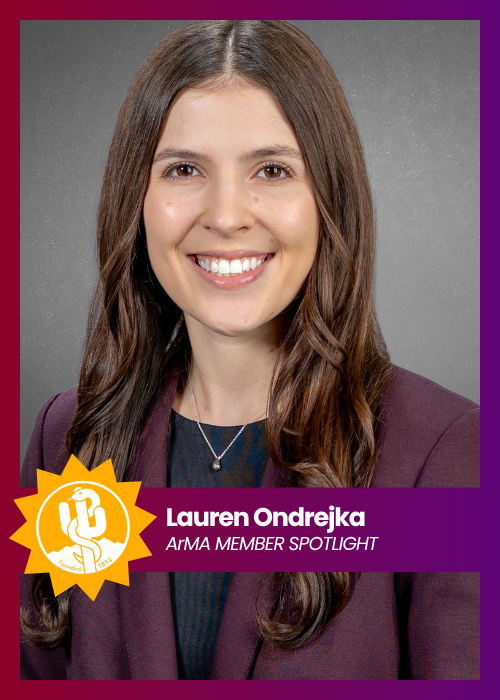 Portrait of Lauren Ondrejka with a purple ALA member spotlight banner and gold award badge