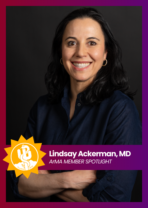 Portrait of Lindsay Ackerman, MD, smiling against a dark background with a purple ARIA Member Spotlight banner.