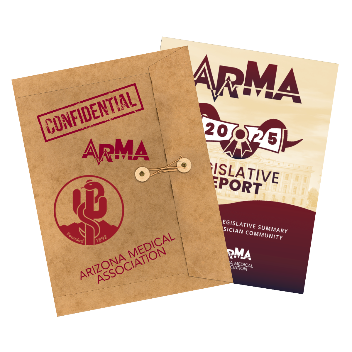 ARMA 2025 legislative report booklet and confidential folder in maroon and tan