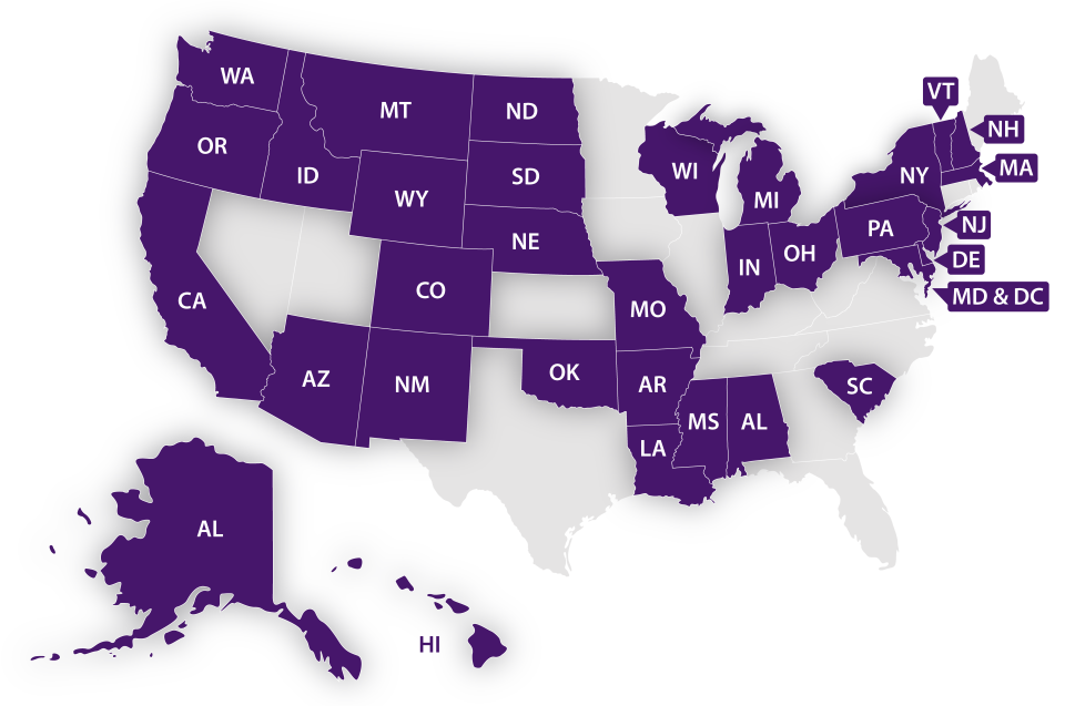 A map of U.S. states participating in the