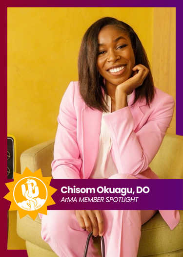 Portrait of Chisom Okuaju, DO in a pink blazer, smiling against a yellow backdrop with purple accents