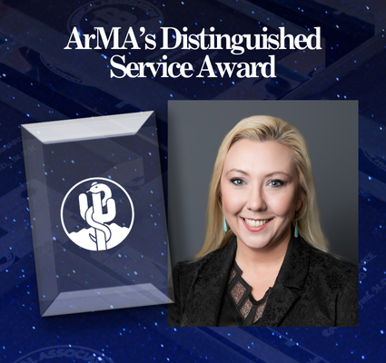 ArMA’s Distinguished Service Award graphic with a smiling portrait beside a trophy icon