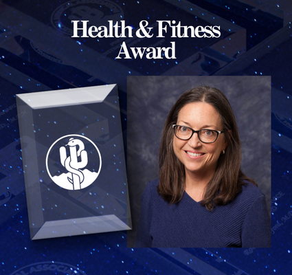 Health & Fitness Award graphic with a woman’s portrait and a trophy icon on a blue starry background
