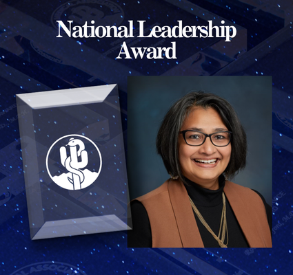 National Leadership Award graphic with portrait of a smiling woman beside a trophy icon