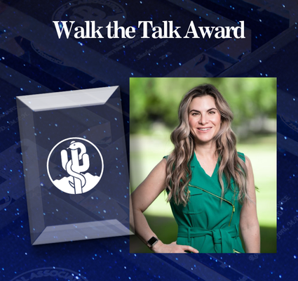 Walk the Talk Award graphic with a trophy and a woman in a green dress on a starry blue background