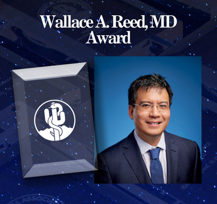 Wallace A. Reed, MD Award graphic with a portrait beside a glass award on a blue starry background