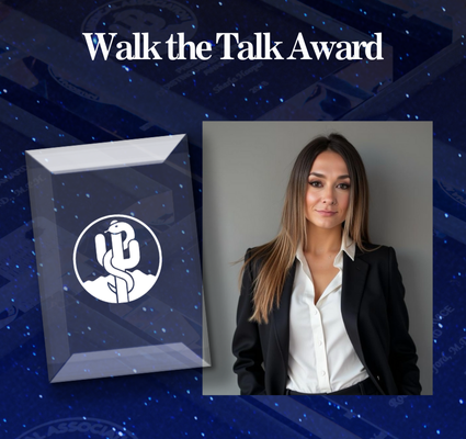 Walk the Talk Award graphic with a trophy icon and a portrait of a woman in a black blazer