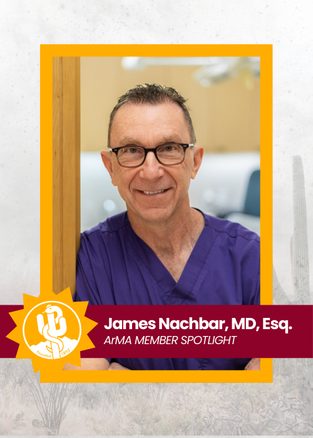 Portrait of James Nachbar, MD, Esq., in glasses and purple shirt, framed by orange border with “ATM member spotlight” banner