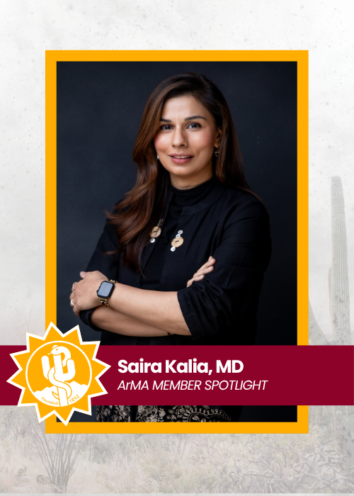 Portrait of Saira Kalia, MD, in black attire with arms crossed, framed by a yellow border and AMA member spotlight badge