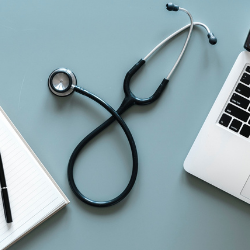 Stethoscope on a desk beside a notebook and laptop on a blue background