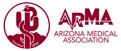 Arizona Medical Association logo in maroon and red with stylized emblem and text on white background