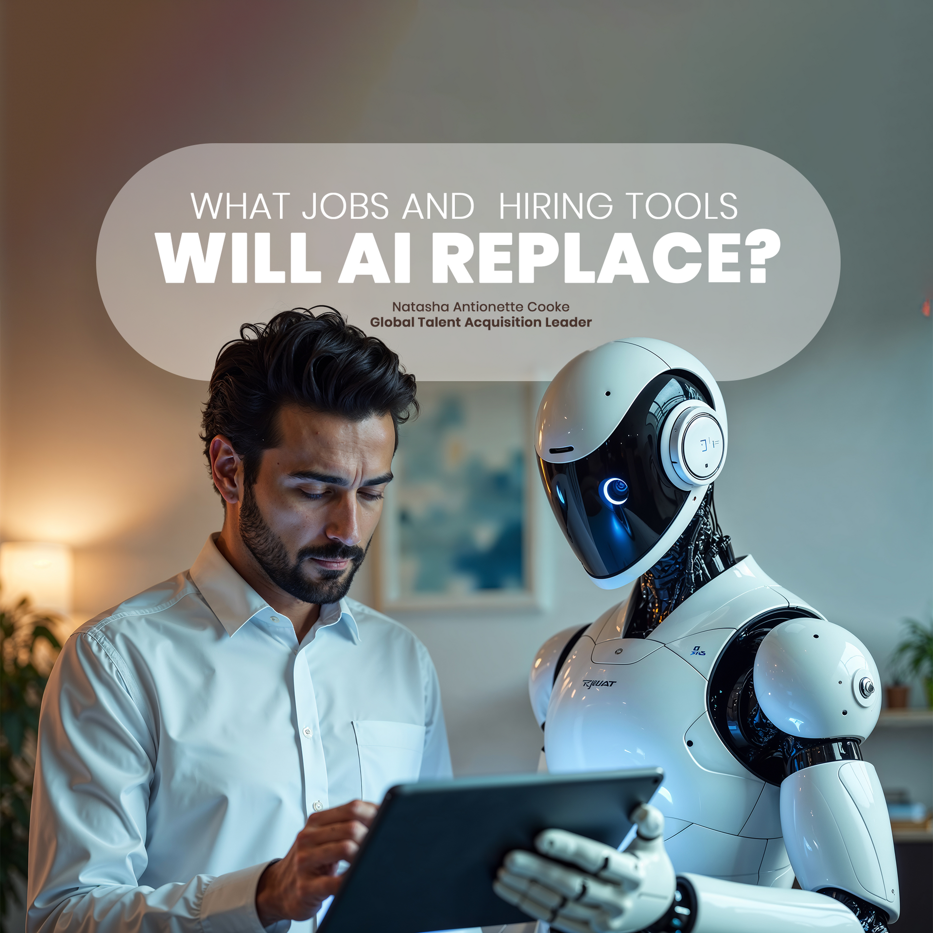 Man holding a tablet beside a humanoid robot with headline: “What jobs and hiring tools will AI replace?”