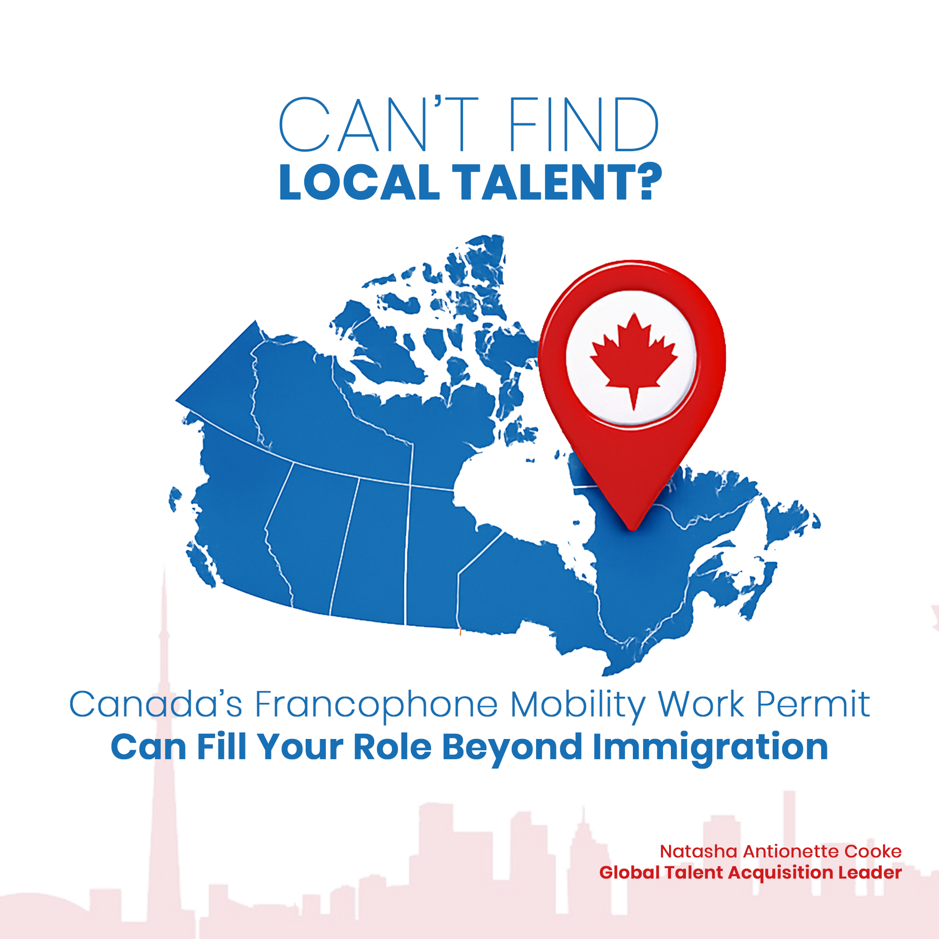 Canada map with a red pin and maple leaf; text promotes Canadian franchise visa work permits and local talent.