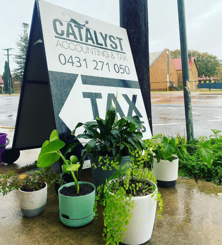 A Sign for Catalyst Accountants and Tax Is Surrounded by Potted Plants — Catalyst Accounting & Tax in Cairns, QLD