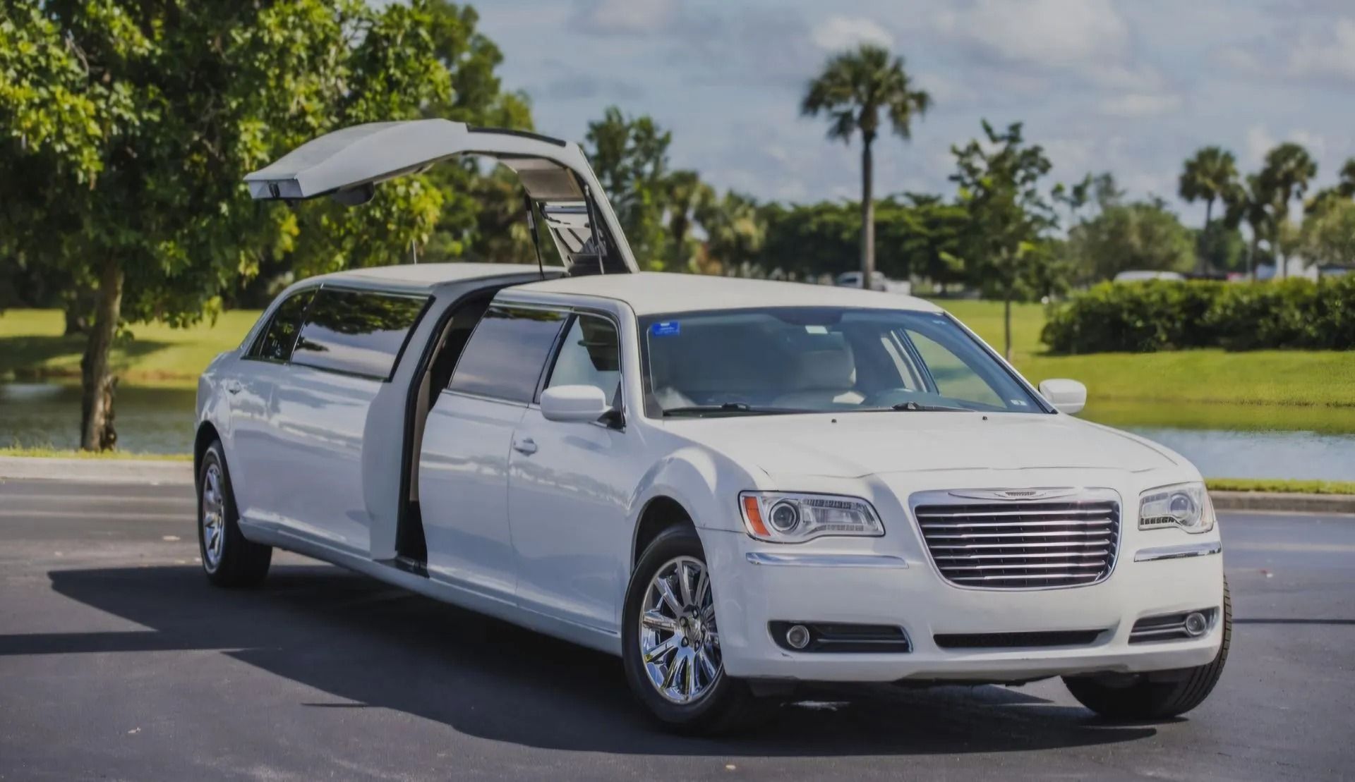 A white stretch limousine with a gull-wing door open, parked on an asphalt lot near a lake and trees.
