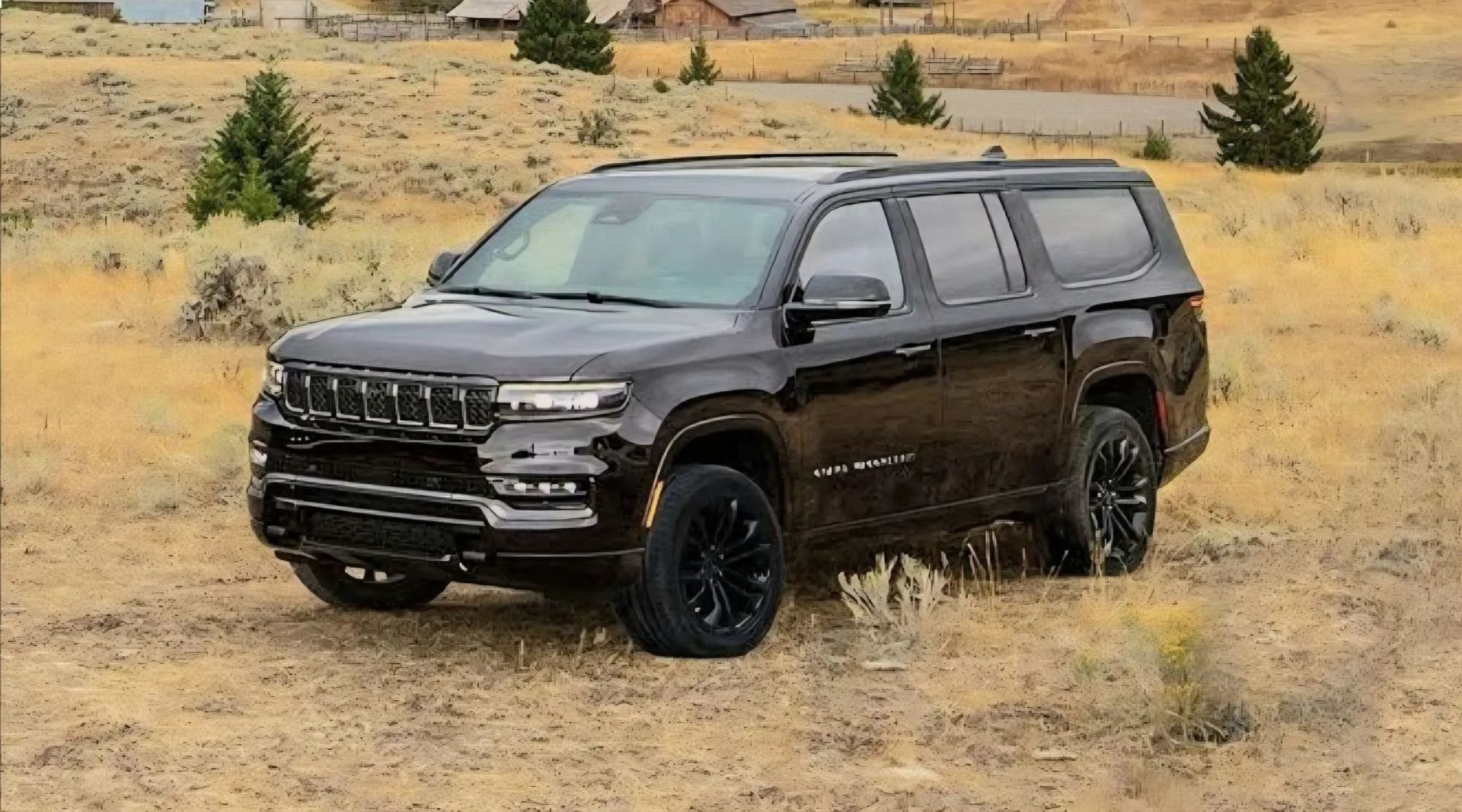 A dark Jeep SUV with black wheels parked in a dry, grassy field on a clear day.