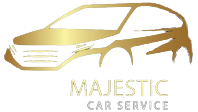 A gold-colored car silhouette above the text "MAJESTIC CAR SERVICE" in gold and grey.
