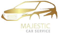 A gold-colored car silhouette above the text "MAJESTIC CAR SERVICE" in gold and grey.