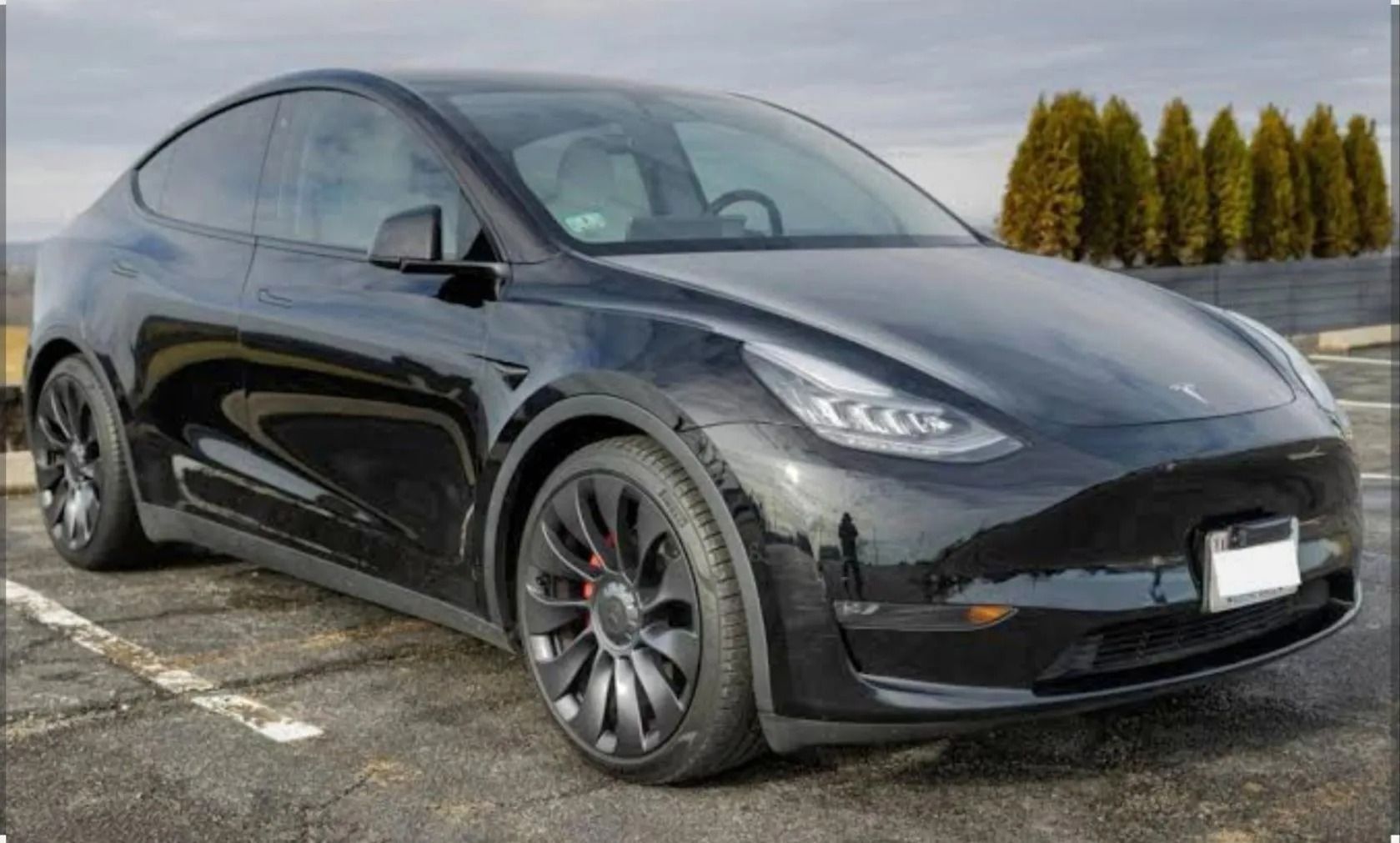 A black Tesla Model Y parked in an asphalt lot with evergreen trees in the background.