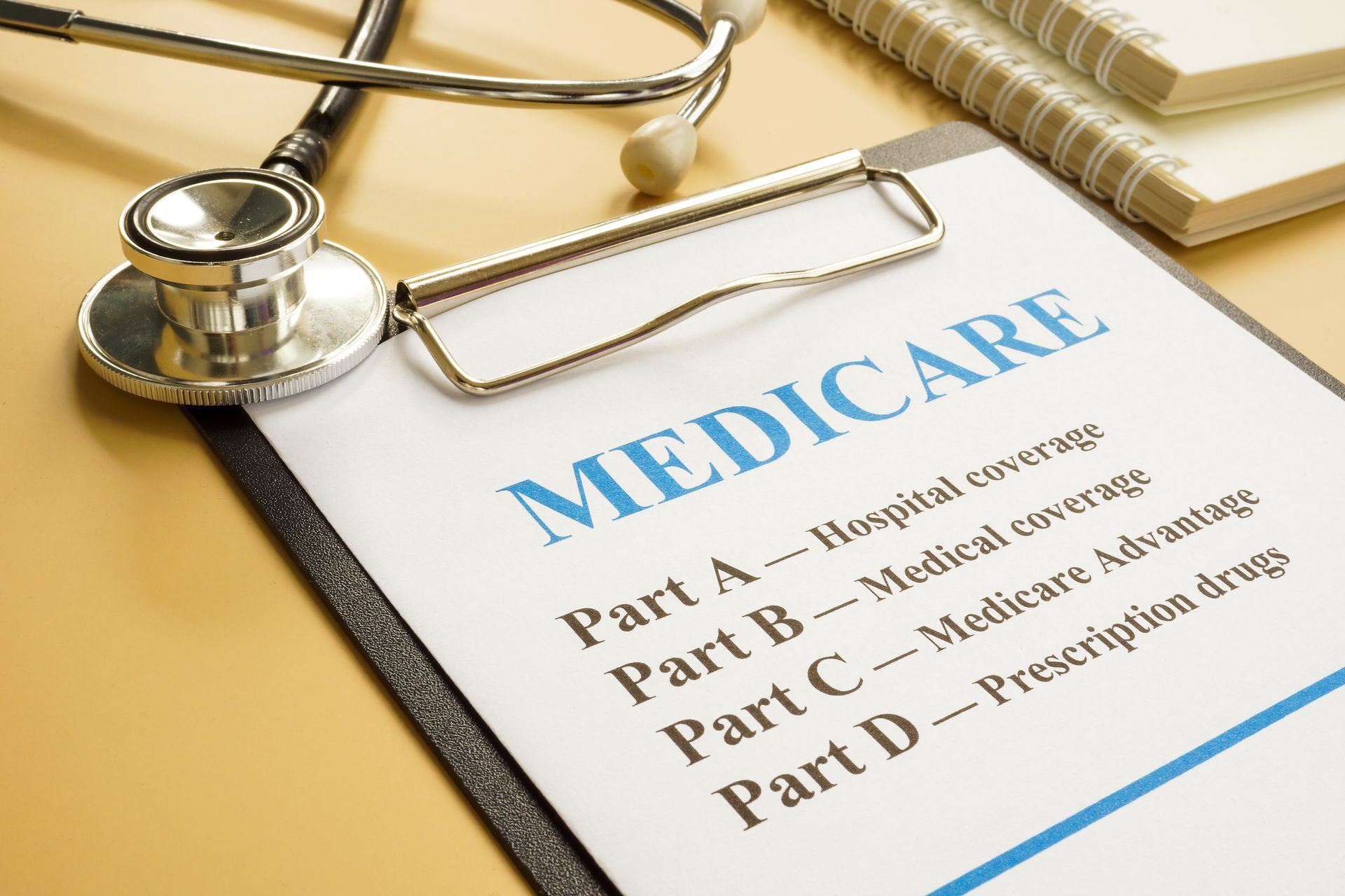 A stethoscope rests on a clipboard with a list of Medicare parts (A, B, C, and D) against a neutral background.