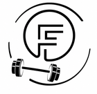 Black fitness logo with circular F monogram and a dumbbell below