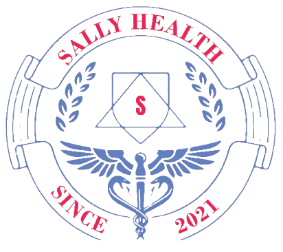 Logo for Sally Health, a company, with a medical caduceus, laurels, and text in red and blue.