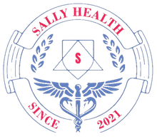 Logo for Sally Health, a company, with a medical caduceus, laurels, and text in red and blue.