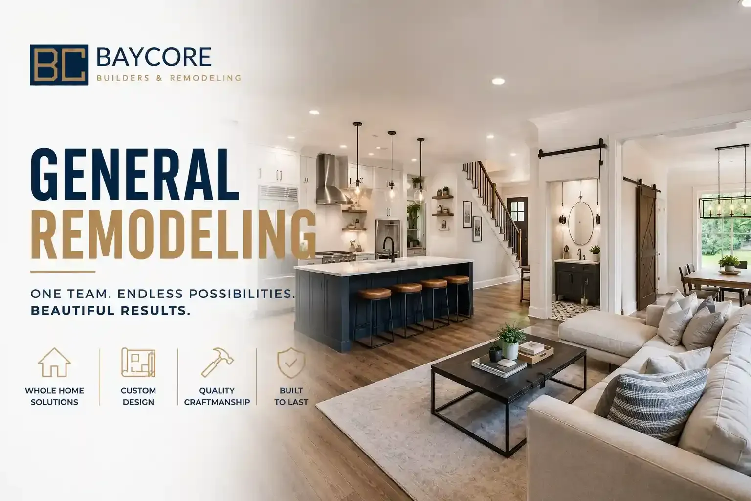 General Remodeling in Tampa showcases a beautifully renovated home with an open floor plan, modern kitchen, & living spaces.
