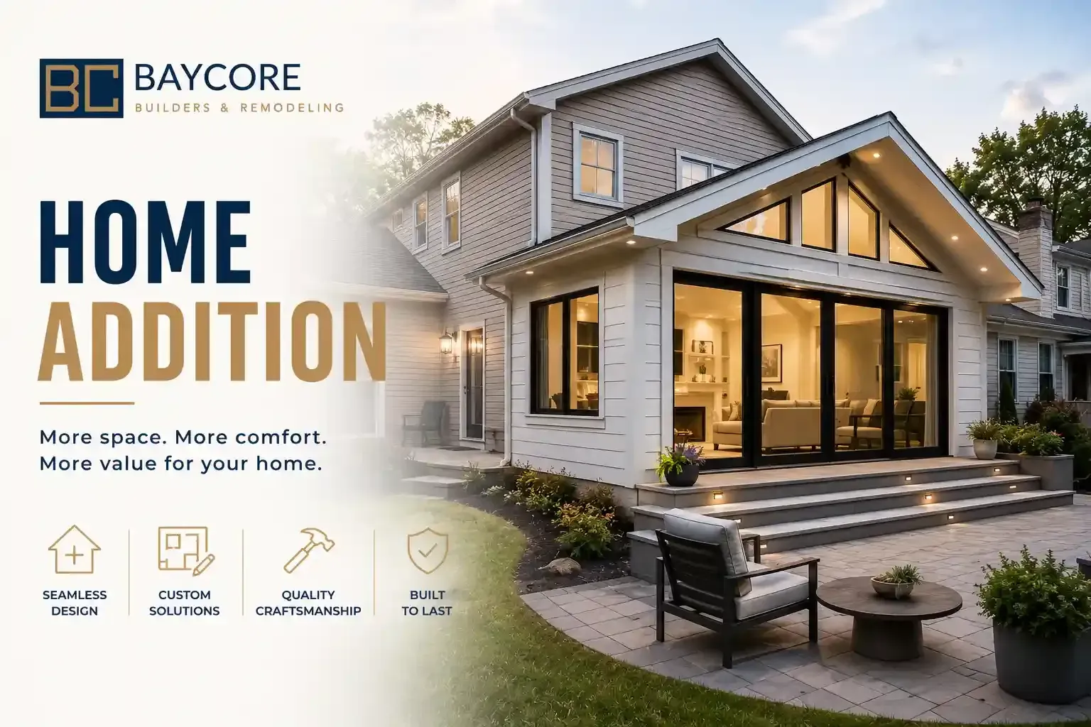 Home Addition Contractor in Tampa showcasing a custom home extension and outdoor living space by Baycore Builders.