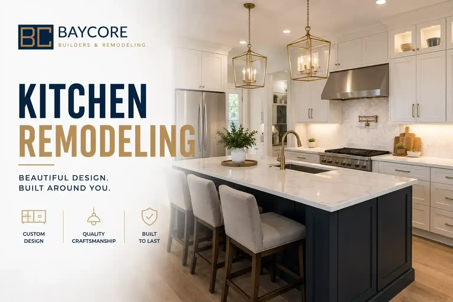 Kitchen Remodeling in Tampa by Baycore Builders featuring a luxury kitchen design with custom cabinets.