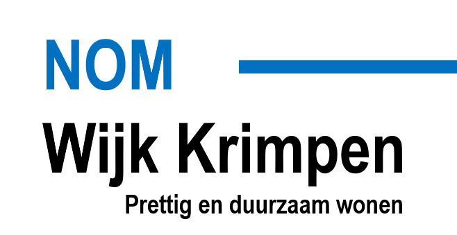 NOM logo with “Wijk Krimpen” and the tagline “Prettig en duurzaam wonen”