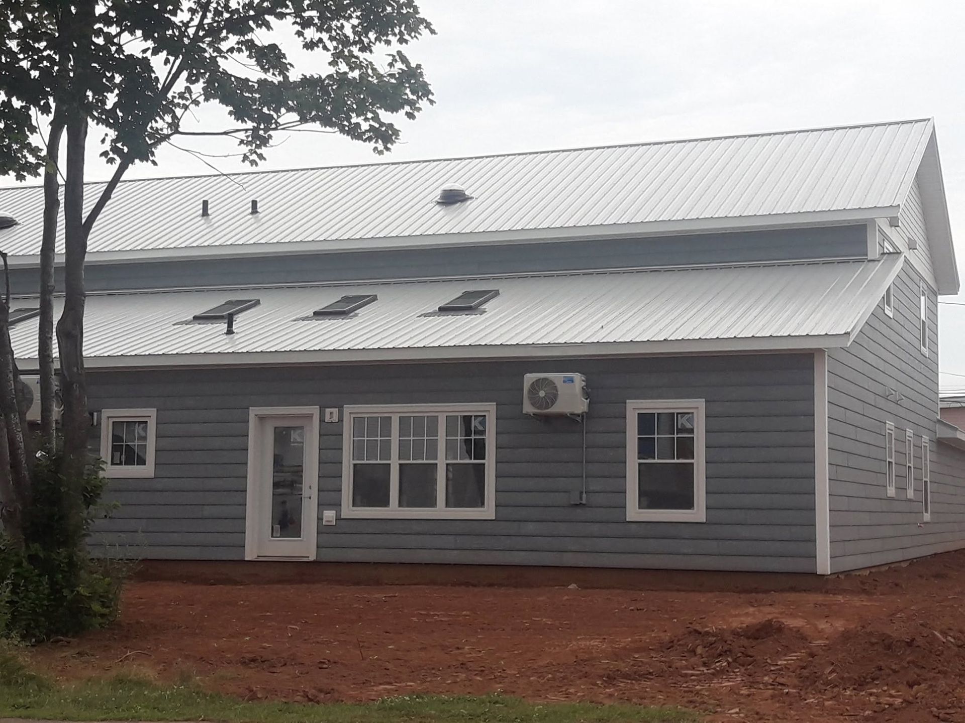 Gray metal-roofed house with blue siding, front door, windows, and an air conditioner under trees