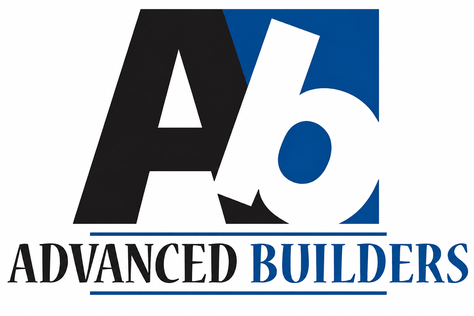 Advanced Builders logo with black and blue letters and an orange roof shape above the text
