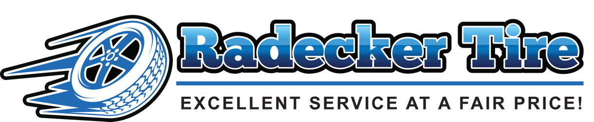 Radecker Tire logo with blue tire graphic and slogan “Excellent Service at a Fair Price!”