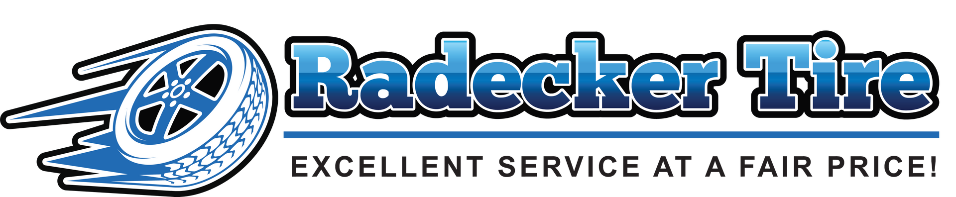Radecker Tire logo with blue tire graphic and slogan “Excellent Service at a Fair Price!”