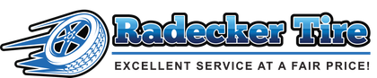 Radecker Tire logo with blue tire graphic and slogan “Excellent Service at a Fair Price!”