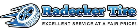 Radecker Tire logo with blue tire icon and slogan “Excellent Service at a Fair Price!”