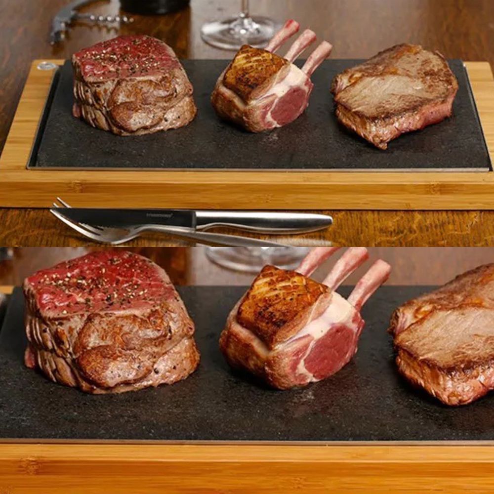 韓式 鐵板燒 鐵板 與 木托盤  家用  商用 室內 烤肉 牛排 Korean-style teppanyaki, teppanyaki grill with wooden tray, suitable for home and commercial use, indoor grilling of meat and steak.