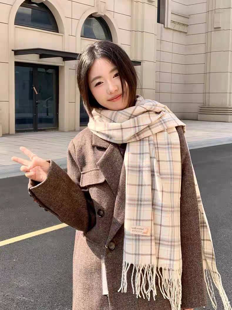 韓版 保暖 格子 圍巾 秋冬 學生 百搭披肩 可愛 [米白色格子加厚]
