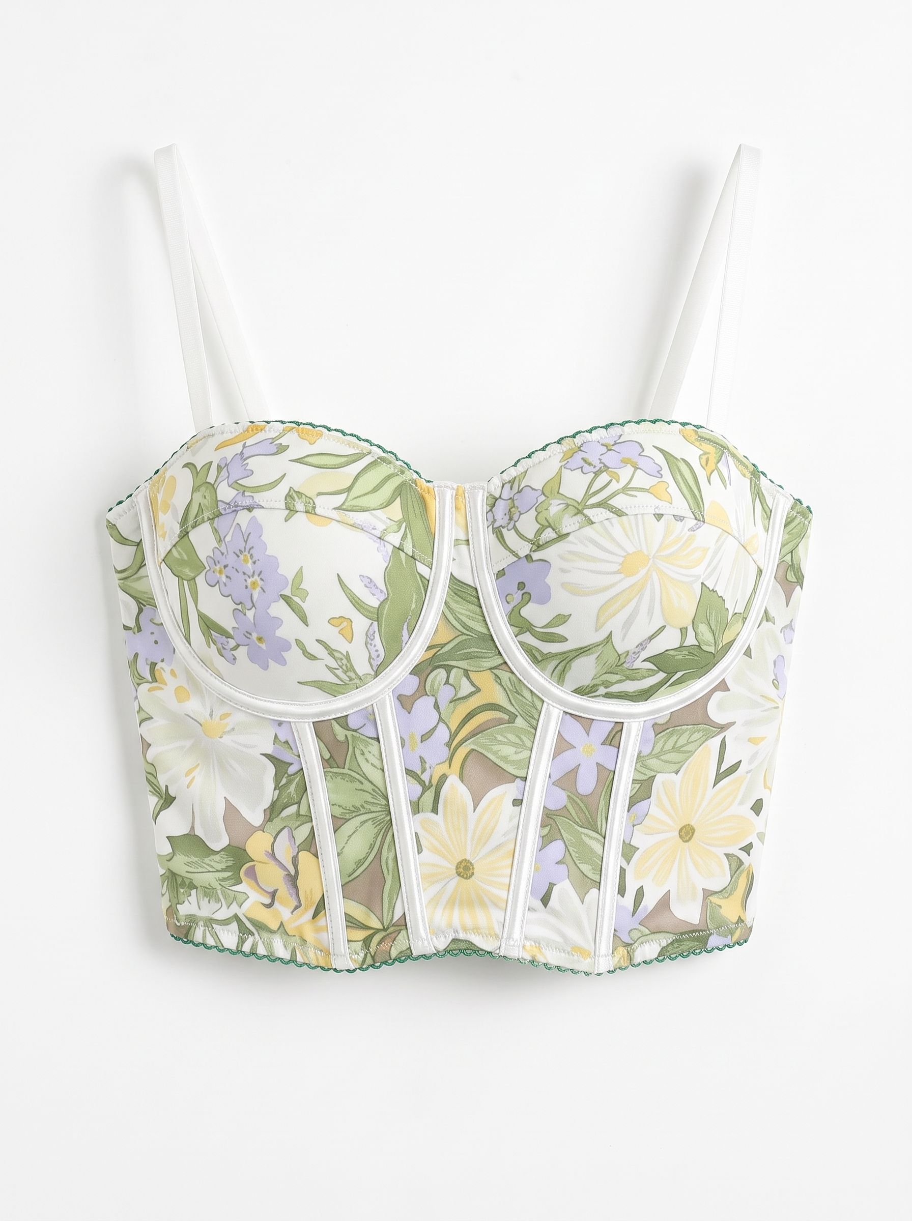 白色細肩帶 花朵 圓形罩杯 馬甲 BraTop   White spaghetti-strap bustier bra top with floral pattern and rounded cups
