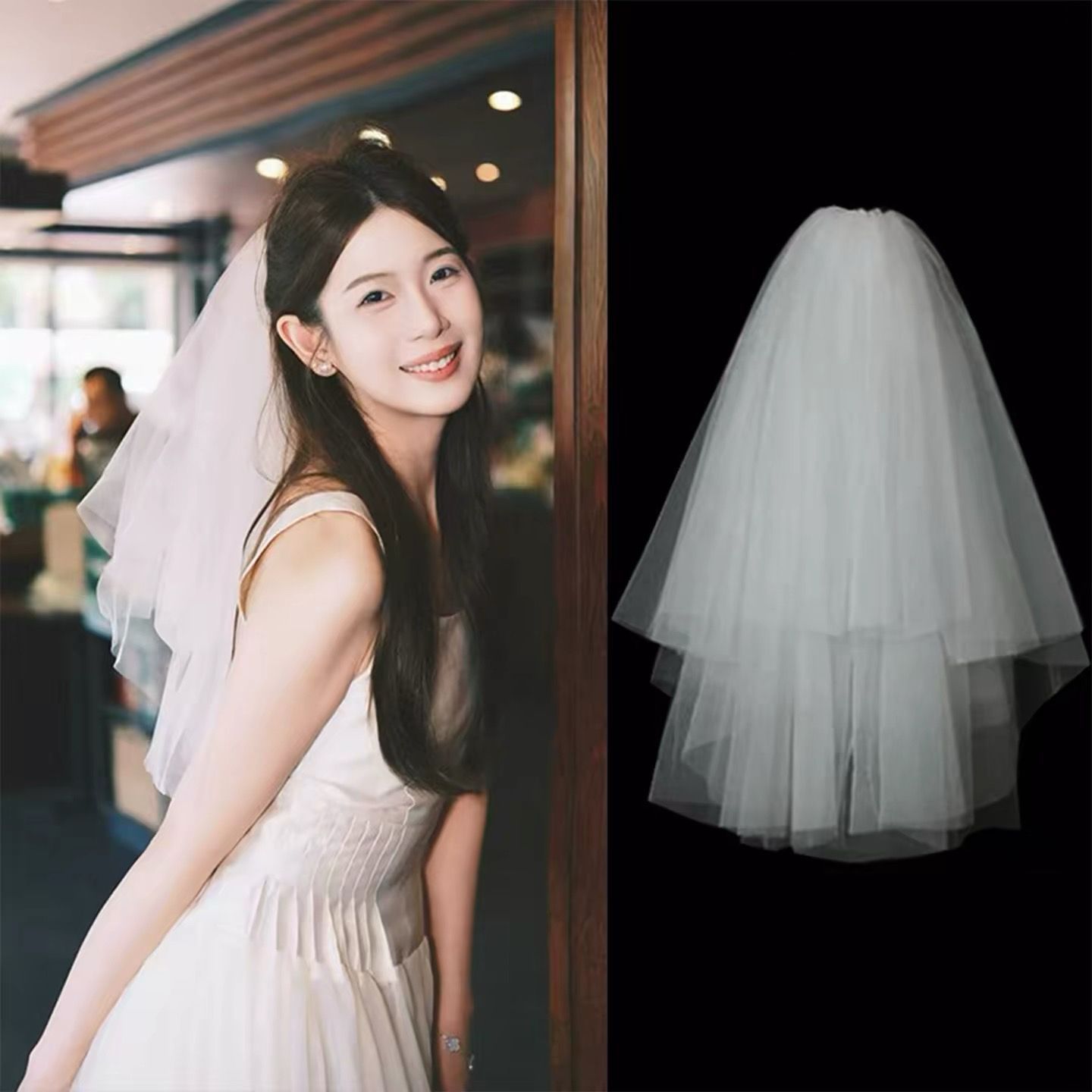 婚禮頭紗 簡約款 無裝飾白鯊兩層 款是有髮夾與髮梳兩款可選