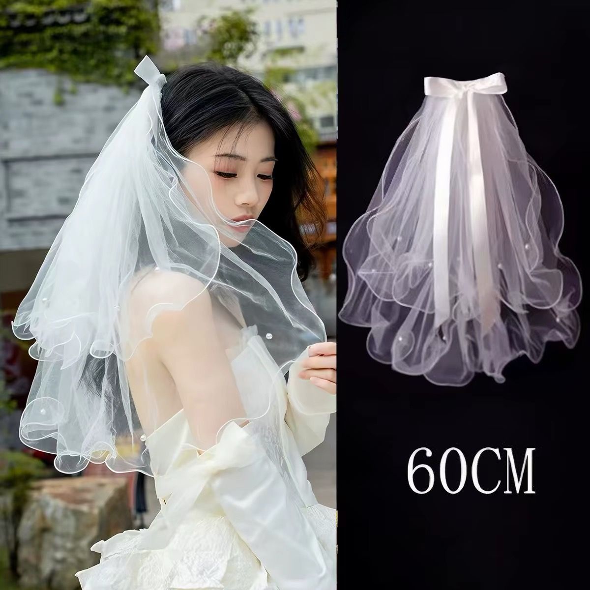婚禮頭紗 雙層 優雅蝴蝶結 經典款 髮夾髮梳兩款可選 Wedding Veil, Double-Layer, Elegant Bow Design, Classic Style – Available with Either a Hair Clip or a Hair Comb