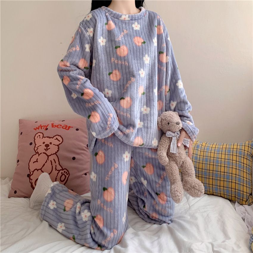 秋冬女款 可愛甜美棉絨睡衣 保暖 加厚 長袖睡衣 居家服 Women's Autumn/Winter Cute and Sweet Cotton Fleece Pajamas, Warm, Thick, Long-Sleeved, Loungewear