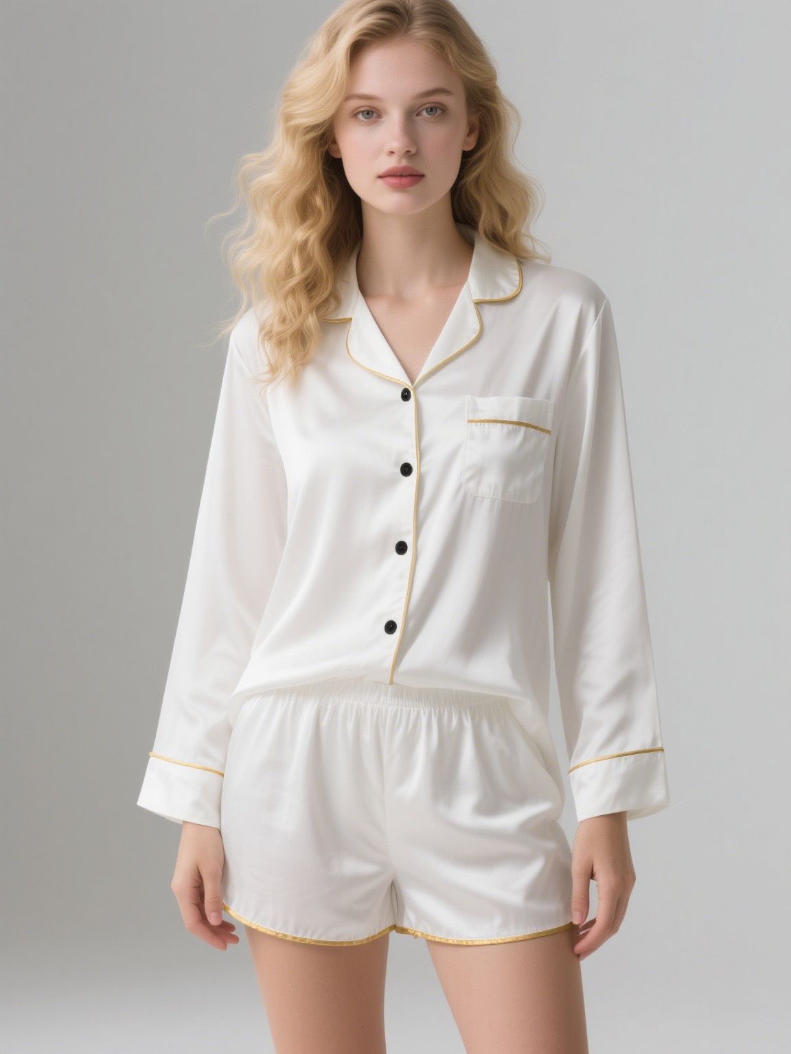 法式 絲質 長袖 春秋 睡衣 黑 白 粉紅 藍 四色可選 French-style silk long-sleeved pajamas for spring and autumn  available in four colors  black white pink and blue
