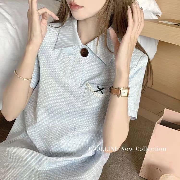 QB014學院風淺藍條紋連身短裙 休閒 甜美 連身裙 學生 QB014 College-Style Light Blue Striped Short Dress Casual, Sweet, One-Piece Dress, Student