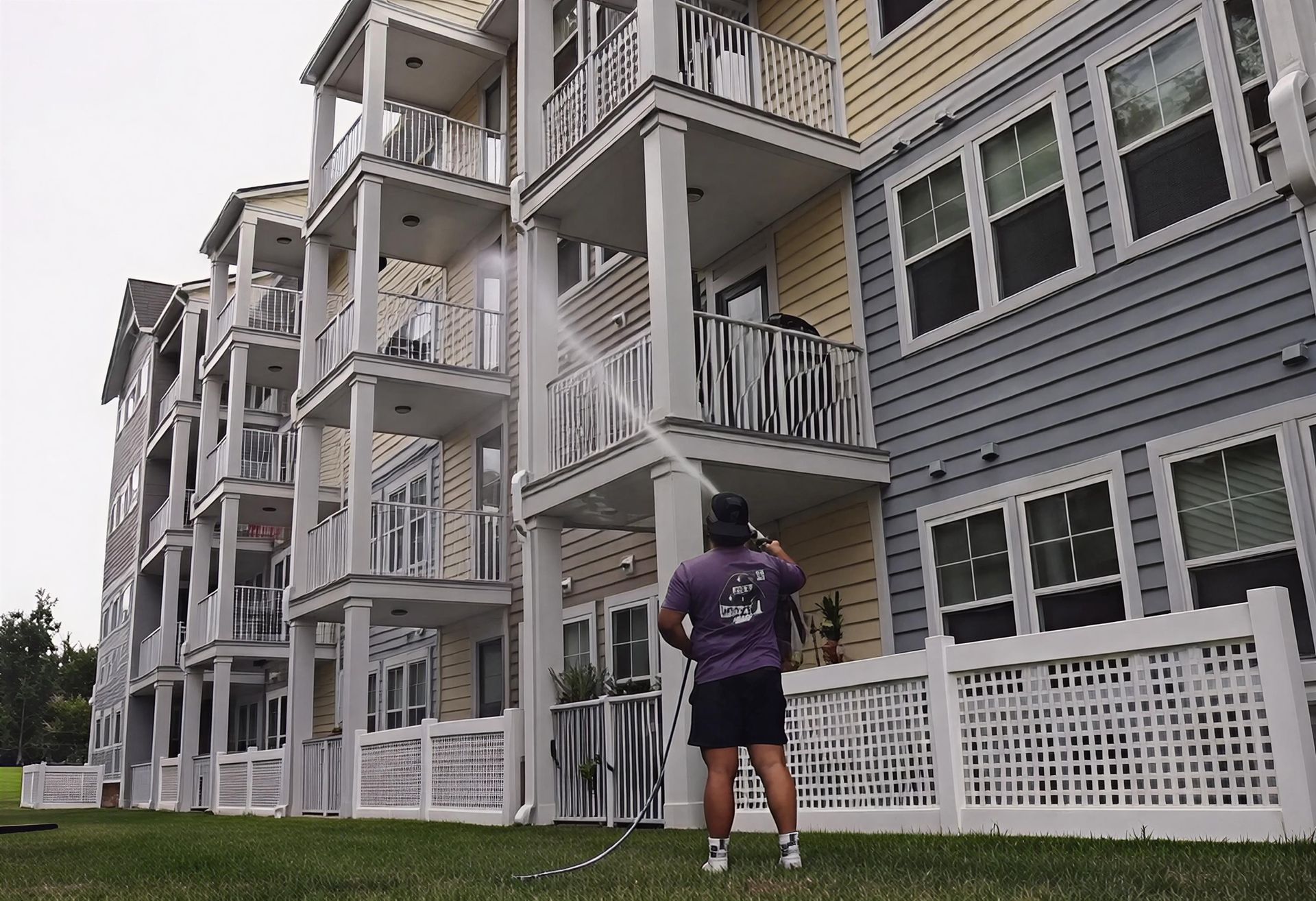 Apartment balconies beside a person holding a hose in a grassy courtyard