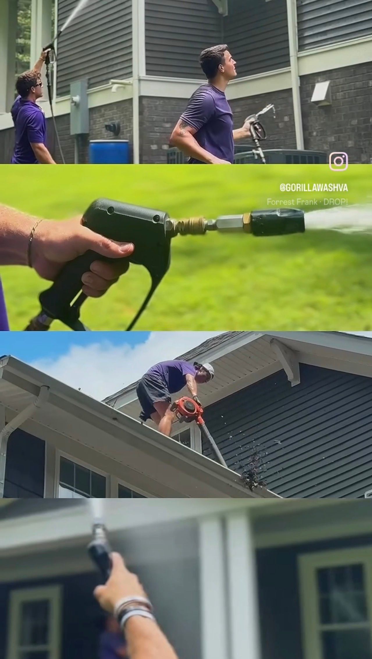 Person uses a hose nozzle to spray water at a house gutter and roof edge.