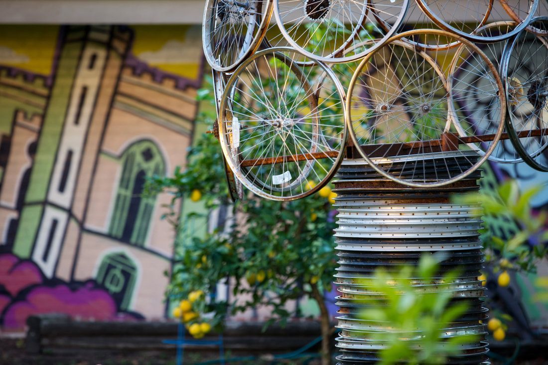 Art installation made of bicycle wheels, with mural backdrop and citrus tree.