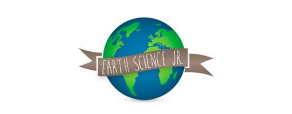 Earth Science Jr. logo: a globe with continents in green, wrapped by a banner that reads