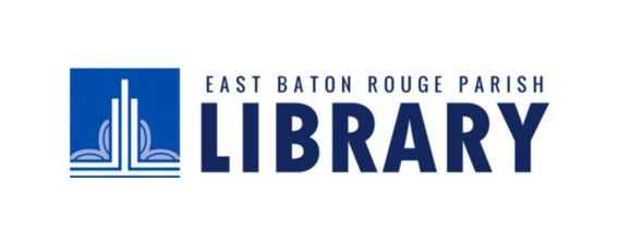 Logo for East Baton Rouge Parish Library. Blue square with building outline,